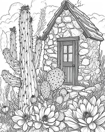 A fairy's botanical observatory in a blooming cactus, surrounded by desert blooms — coloring page for adults, thick lines, black and white, greyscale --ar 4:5 --v 6.0