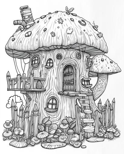 A fairy's bungalow crafted from a spool of thread, with needle fences — coloring page for adults, thick lines, black and white, greyscale --ar 4:5 --v 6.0