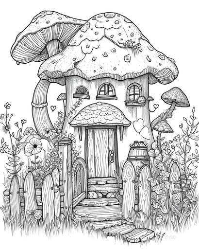 A fairy's bungalow crafted from a spool of thread, with needle fences — coloring page for adults, thick lines, black and white, greyscale --ar 4:5 --v 6.0