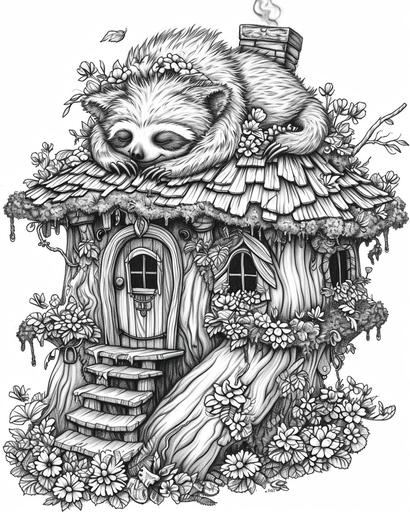 A fairy's rustic dwelling atop a sleepy sloth, with moss-covered roofs — coloring page for adults, thick lines, black and white, greyscale --ar 4:5 --v 6.0