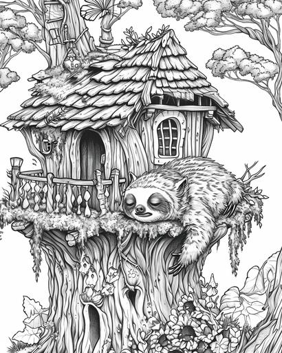 A fairy's rustic dwelling atop a sleepy sloth, with moss-covered roofs — coloring page for adults, thick lines, black and white, greyscale --ar 4:5 --v 6.0