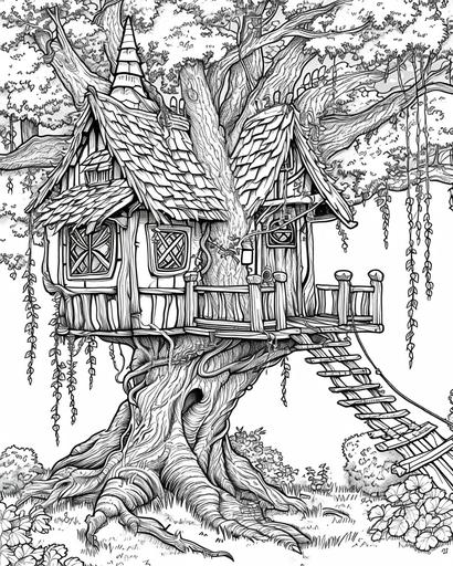 A fairy's treehouse camouflaged in a weeping willow, with vines as ladders — coloring page for adults, thick lines, black and white, greyscale --ar 4:5 --v 6.0