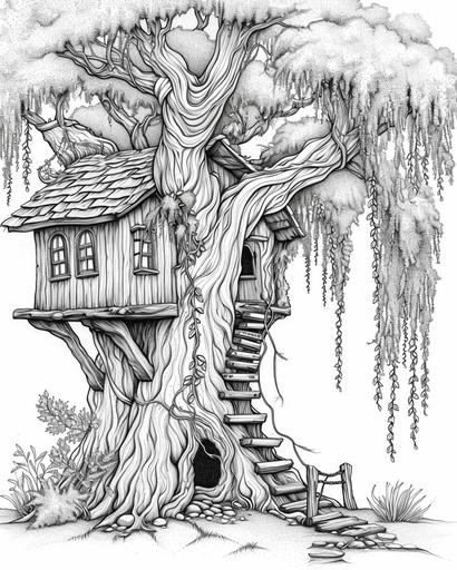 A fairy's treehouse camouflaged in a weeping willow, with vines as ladders — coloring page for adults, thick lines, black and white, greyscale --ar 4:5 --v 6.0