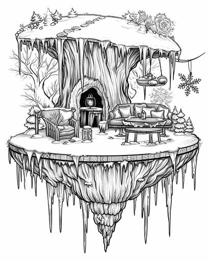 A fairy's winter getaway inside a hollow icicle, with frosty furniture and snowflake ornaments — coloring page for adults, thick lines, black and white, greyscale --ar 4:5 --v 6.0