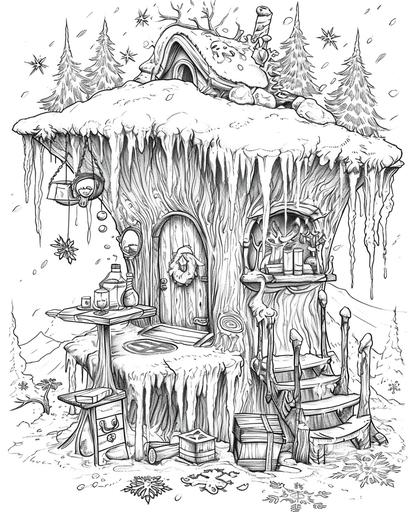 A fairy's winter getaway inside a hollow icicle, with frosty furniture and snowflake ornaments — coloring page for adults, thick lines, black and white, greyscale --ar 4:5 --v 6.0