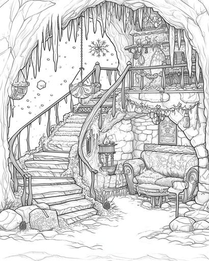 A fairy's winter getaway inside a hollow icicle, with frosty furniture and snowflake ornaments — coloring page for adults, thick lines, black and white, greyscale --ar 4:5 --v 6.0