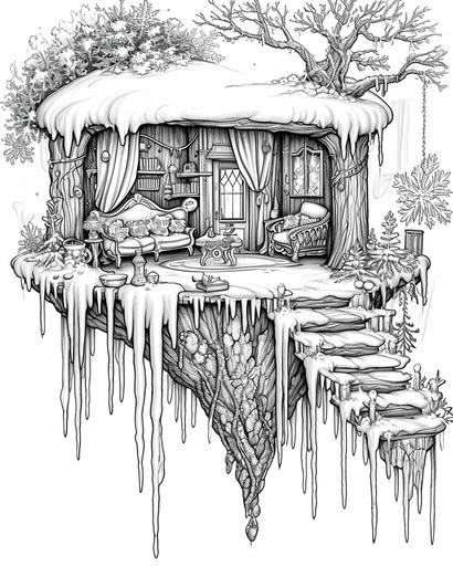 A fairy's winter getaway inside a hollow icicle, with frosty furniture and snowflake ornaments — coloring page for adults, thick lines, black and white, greyscale --ar 4:5 --v 6.0