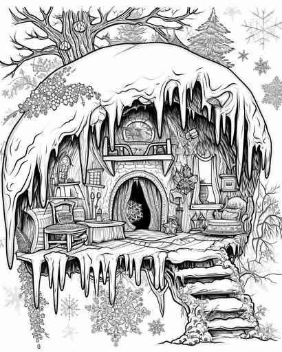 A fairy's winter getaway inside a hollow icicle, with frosty furniture and snowflake ornaments — coloring page for adults, thick lines, black and white, greyscale --ar 4:5 --v 6.0