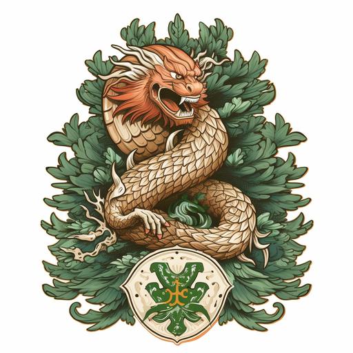 A family crest depicting a traditional Chinese dragon coiled around the trunk of a tall fir tree. The fir tree bears fir cones. Disney style.