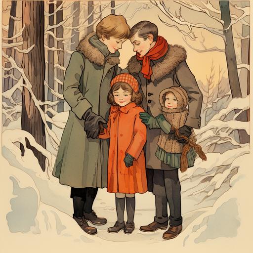 A family hugs each other in a winter park. Style: illustrated vintage children's book