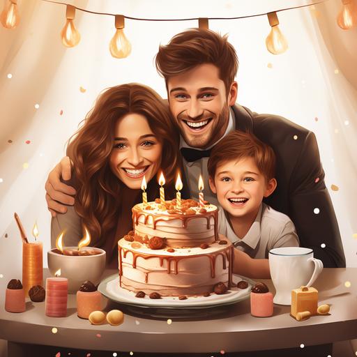 A family is celebrating the son birthday. In front of the table is a big birthday cake with candles symbolizing 2 on top of it. The father is laying his hand on his mother's shoulder, and the mother is clasping her hands to bless him. They are in a fashionable formal wear. White background. 10%caricature --s 250