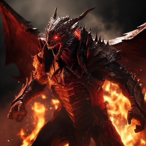 A fantastic humanoid dragon character with leather clothes in fire. main character. Charismatic, in an epic posture, in action, fighting position, looking at the spectator. human looking. Fantasy human Dragon Art, Inferno Fantasy, Red Draconic human hero. Leather wearings.