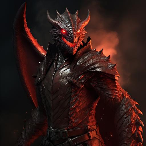 A fantastic humanoid dragon character with leather clothes in fire. main character. Charismatic, in an epic posture, in action, fighting position, looking at the spectator. human looking. Fantasy human Dragon Art, Inferno Fantasy, Red Draconic human hero. Leather wearings.