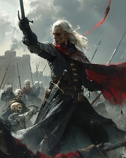 A fantasy art style picture of an undead vampire with long white hair and a black cloak holding up his sword in front of him, with a dark gray sky behind him, surrounded by skeleton warriors in front of a medieval castle background with cinematic lighting and dark clouds. --ar 51:64 --c 35 --s 400 --v 6.0