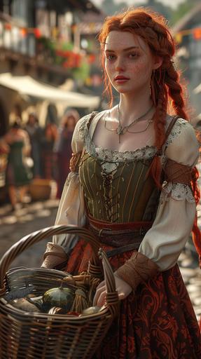 A fantasy medieval thin red haired woman in fairly well made dress carries a basket with many old belongings that she is bringing to the towns pawn shop, looks at camera, Long Shot, Photorealism, Bokeh blur, Very high detail, sharp, Artstation, 8k HD --ar 9:16