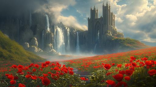 A fantasy scene of a crystal castle with obsidian gates by a waterfall, surrounded by lush poppy meadows, all depicted on celluloid --ar 16:9 --s 250 --v 6.0