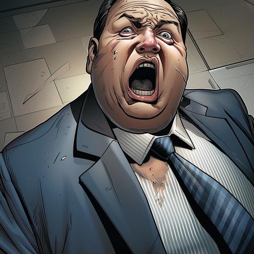 A fat, 70-year-old screaming man wearing a blue suit and tie, comic book style, nepenthes --sref  --sw 1000 --v 6.0