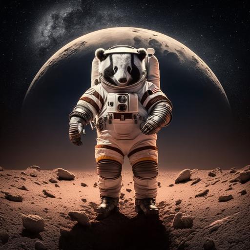 A fat cartoon badger in a realistic astronaut suit standing on the Moon