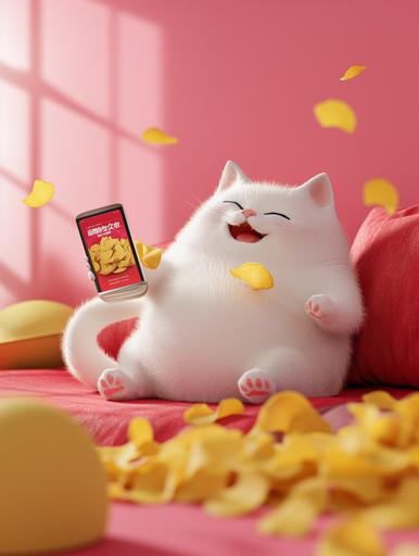 A fat fluffy cat with a bulging belly is sitting on the sofa, happy,holding a bag of potato chips, a bottle of cell phone, and many potato chips scattered on the ground, pink background Photorealistic, flat design, disney, Cartoon, --v 6.0 --ar 3:4