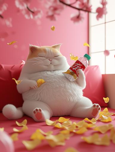 A fat fluffy cat with a bulging belly is sitting on the sofa, happy,holding a bag of potato chips, a bottle of phone, and many potato chips scattered on the ground, pink background Photorealistic, flat design, disney, Cartoon, --v 6.0 --ar 3:4