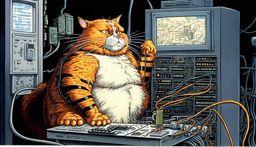 A fat ginger cat sitting on a server as the midjourney servers collapsing under the weight of the fat cat tax, cyberpunk art style of (craig Paton, Larry Elmore), --ar 16:9 --chaos 55 --v 4