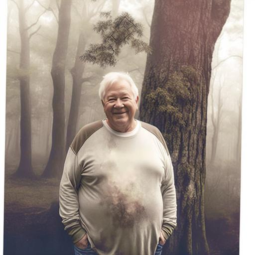 A fat man with white hair with soft facial features a smile, in light clothes, standing in the fog in front of a mossy oak tree real photo --v 4