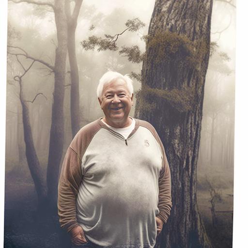 A fat man with white hair with soft facial features a smile, in light clothes, standing in the fog in front of a mossy oak tree real photo --v 4