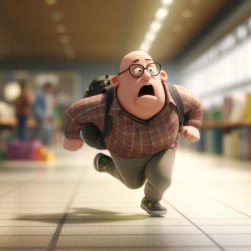 A fat tall bald nerd running in panic with luggage in airport, ambiente Pixar, amigable, render by renderman software 3d, profesional Blender pro, píxar textura, detalles en los detalles de la piel y ropa, bokeh light background --v 5 --q 2 --s 750