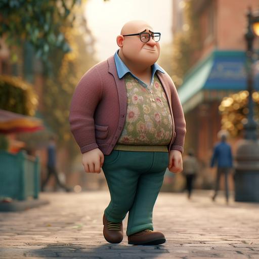 A fat tall bald nerd walks in Tashkent, ambiente Pixar, amigable, render by renderman software 3d, profesional Blender pro, píxar textura, detalles en los detalles de la piel y ropa, bokeh light background --v 5 --q 2 --s 750