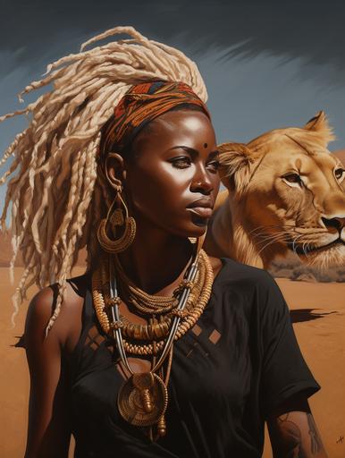 A fearless Dark-skinned woman walking through the Sahel with her black lioness. She has an arab face, black skin, long blonde dreadlocks, Nubian moon jewelry, face tattoos, gold and black traditional Maasai clothes, oil painting, character, realistic, 16k, --v 5 --ar 3:4 --s 250