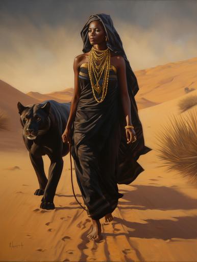 A fearless Dark-skinned woman walking through the Sahel with her pet lioness. She has an arab face, black skin, long brown dreads, Nubian moon jewelry, face tattoos, gold and black traditional Maasai clothes, oil painting, character, realistic, 16k, --v 5 --ar 3:4 --s 250