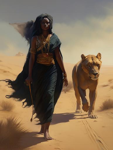 A fearless Dark-skinned woman walking through the Sahel with her pet lioness. She has an arab face, black skin, long brown dreads, Nubian moon jewelry, face tattoos, gold and black cloak, light warrior's clothes, oil painting, character, realistic, 16k, --v 5 --ar 3:4 --s 250