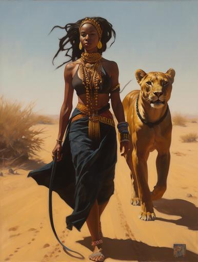 A fearless Dark-skinned woman walking through the Sahel with her pet lioness. She has an arab face, black skin, long brown dreads, Nubian moon jewelry, face tattoos, gold and black traditional Maasai clothes, oil painting, character, realistic, 16k, --v 5 --ar 3:4 --s 250