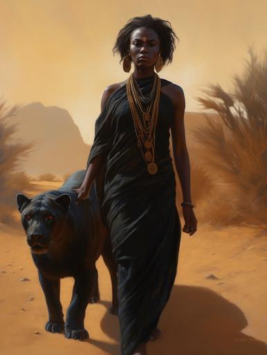 A fearless Dark-skinned woman walking through the Sahel with her black lioness. She has an arab face, black skin, long brown dreads, Nubian moon jewelry, face tattoos, gold and black traditional Maasai clothes, oil painting, character, realistic, 16k, --v 5 --ar 3:4 --s 250