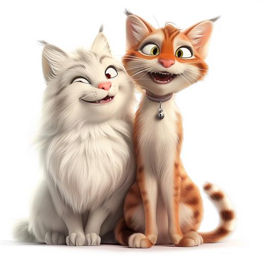 A female Siberian cat and a male Bengal cat hanging out together in pixar style animation. They are both smiling and having a great time. The Siberian is a white and fluffy. The Bengal is energetic and short-haired. On a white background. --v 6.0