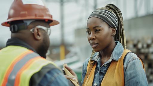 A female construction worker of African descent, talks with the site supervisor as she checks in for work. The two are dressed in workwear and proper safety gear as they plan out the tasks to be completed. --ar 16:9