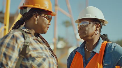 A female construction worker of African descent, talks with the site supervisor as she checks in for work. The two are dressed in workwear and proper safety gear as they plan out the tasks to be completed. --ar 16:9 --v 6.0