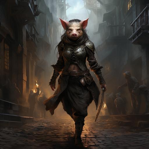 A female pig, dressed in leather attire, with a menacing look, walking upright like a human through a dark, medieval, cobblestone alley, with rats wandering around her feet