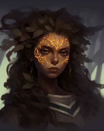 A female teifling wood-elf druid with glowing yellow eyes, Dark skin, curly hair. Original Character. Oil painting, thick brushwork, Line art, Illustration, fantasy concept art, grey background --ar 4:5 --style raw