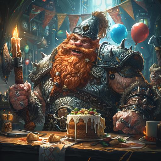 A fierce and powerfully built dwarf with red hair and beard.He wears massive golven full plate spiked armorand a birthday hat. He is holding an axe and a balloon in his hands.He is infront of a table with a huge birthday cake on it.Dynamic pose. ar 16:9 --v 6.0 --s 250