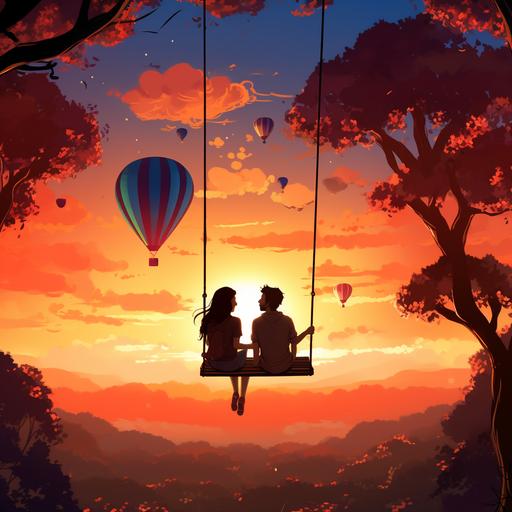 A fit couple sits on a giant swing. The scene is surrounded by warm colors, evoking a sense of freedom in nature. It maintains a minimalist feel, creating an atmosphere of a love adventure. A Few Hot air balloons adorn the surroundings, and the scene is presented in a comic format for a 30-day challenge.