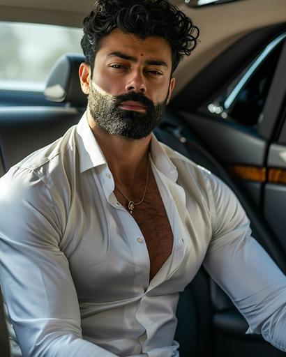 A fit physique guy, 30yrs, indian skin tone, white shirt, black hair, good muschtac, v beard, posh background, rolls royce car, photo realistic, looking at camera, close portrait, --ar 4:5 --s 50 --v 6.0