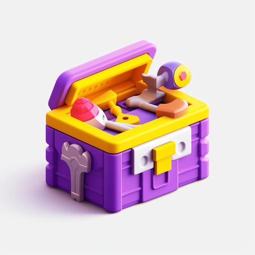 A flat icon, of a Toolbox, purple and yellow, cartoon, pixel, very cute shape, paint material, white background, 3D, OC rendering, C4D, blender
