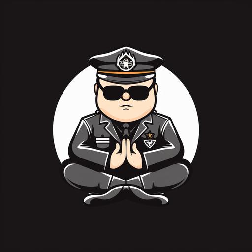 A flat, minimalist monochrome logo of an obese Buddha-like cartoon airline pilot with a very fat stomach wearing reflective aviator sunglasses, airline pilot striped shoulder boards. a black airline pilot hat and black airline pilot uniform sitting cross-legged with his hands in a meditative pose facing palms up. No realistic photo elements. No moustache. In the style of Paul Rand.