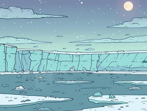 A flat, simple illustration, simple colors, faint colors, inked outline, thick lines, low shot of an arctic cliff during sunset or sunrise. There are icebergs floating in calm waters, which reflect the warm hues of the sky and the subtle orange of the sun. The sky is painted in gradients of blue, with scattered clouds, hinting at a peaceful evening or morning. The sun sits low on the horizon, casting a soft glow across the scene, cartoony, whimsical, cute, inked outlines, washed colors --style raw --v 6.0 --ar 4:3 --sref