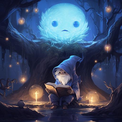 A floating blue ball that is a will-o'-the-wisp peaks behind a single tree using his hollow curious eyes, looking at an old magician donned in a magicians robe and hat with a grey beard, sitting on a log reading a grimoire with a magic crystal embedded on the cover with his expression in thought, anime inspired cartoon style, unreal details
