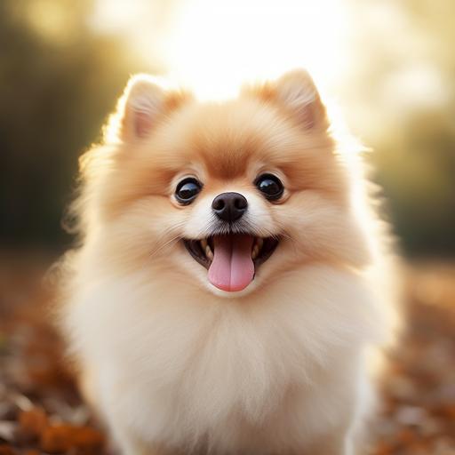 A fluffy Pomeranian with a bright smile and twinkling eyes.
