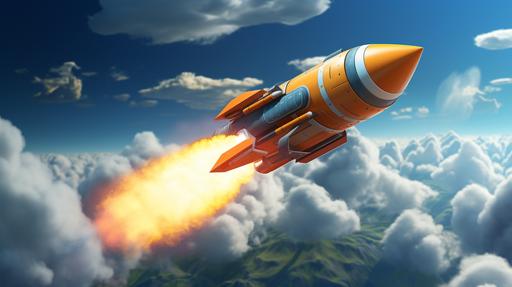 A flying missile, realistic cartoon style, close up shot --v 5.2 --ar 16:9