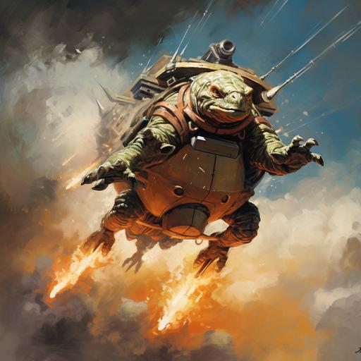A flying rocket powered turtle with rockets on the turtle's legs soars through the air in a Frank Frazetta style of art