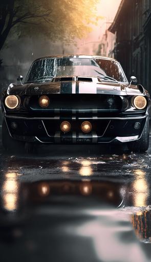 A ford mustang Shelby 1965 fastback, the car is black with angel amber lights and facing towards the camera, there is smoke, glossy paint, puddles of water on the ground, anamorohic lens flare, high octane render --ar 9:16